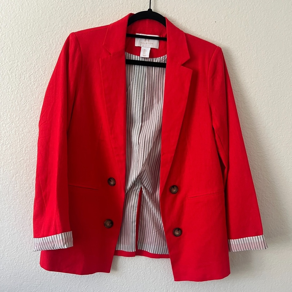 Halston‎ Sz S Red Linen Blend Double Breasted Striped Lined Blazer Office Preppy